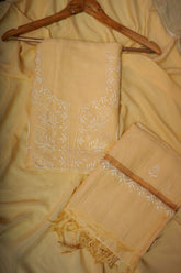 Mulmul Cotton- Chikankari Unstitched 3 Pc Suit Set-Light Yellow